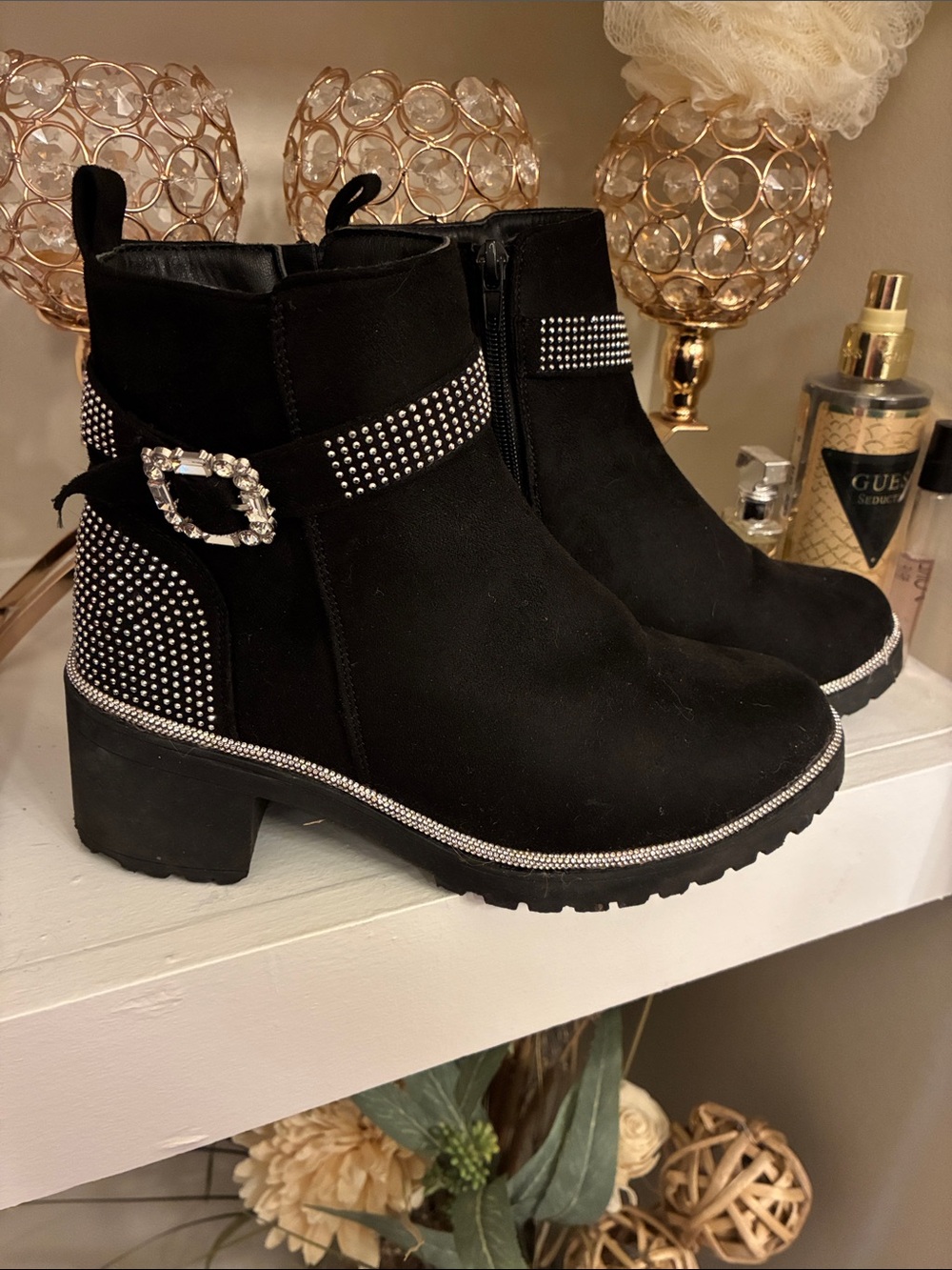 Fashion Nova Black Rhinestone Embellished Ankle Booties
